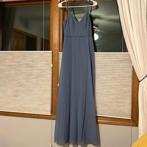 David’s Bridal blue steel, long chiffon spaghetti strap dress, size 4